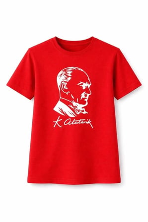 Kız Çocuk Atatürk Baskılı Tişört Kısa Kollu Bisiklet Yaka T-shirt - Kırmızı