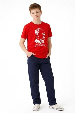 Erkek Çocuk Atatürk Baskılı Tişört Kısa Kollu Bisiklet Yaka T-shirt - Kırmızı