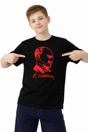 Erkek Çocuk Atatürk Baskılı Tişört Kısa Kollu Bisiklet Yaka T-shirt - Siyah