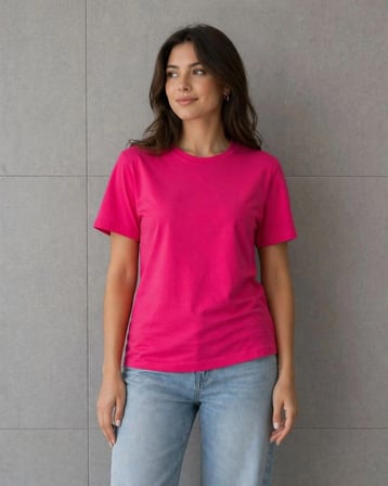 Kadın Basic Pamuklu Tişört Bisiklet Yaka Düz Renk Relaxed Fit T-shirt - Fuşya
