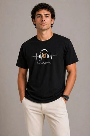 Erkek Müzik Temalı Baskılı Tişört Bisiklet Yaka Kısa Kol T-shirt - Siyah