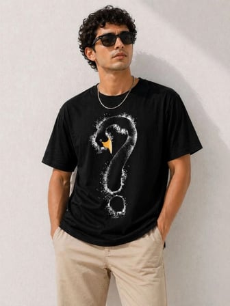 Erkek Kuğu Figürlü Soru İşareti Baskılı Tişört Kısa Kol T-shirt - Siyah