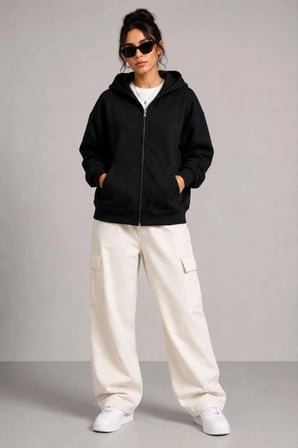 Kadın 3 İplik Şardonlu Tam Fermuarlı Kapüşonlu Arka Çanta Detaylı Sweatshirt - Siyah