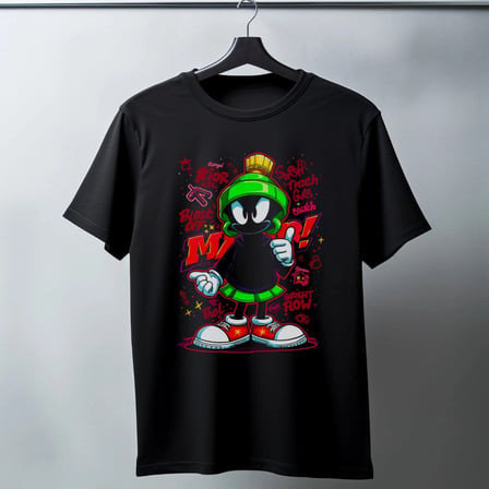 Marvin The Martian Graffiti Baskılı Unisex Siyah Tişört - 24/1 Penye Pamuklu