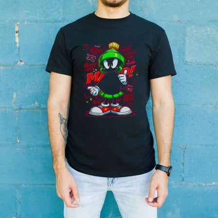 Marvin The Martian Graffiti Baskılı Unisex Siyah Tişört - 24/1 Penye Pamuklu