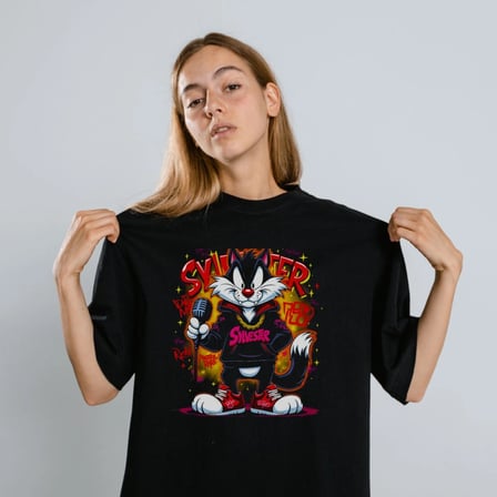 Sylvester Graffiti Baskılı Unisex Siyah Oversize Tişört - 24/1 Penye