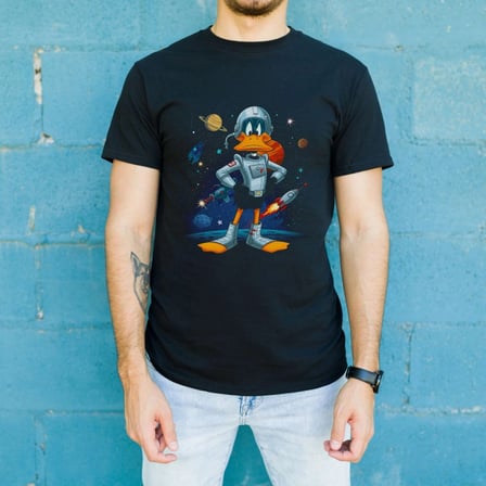 Duck Dodgers Uzay Baskılı Unisex Siyah Oversize Tişört - 24/1 Penye