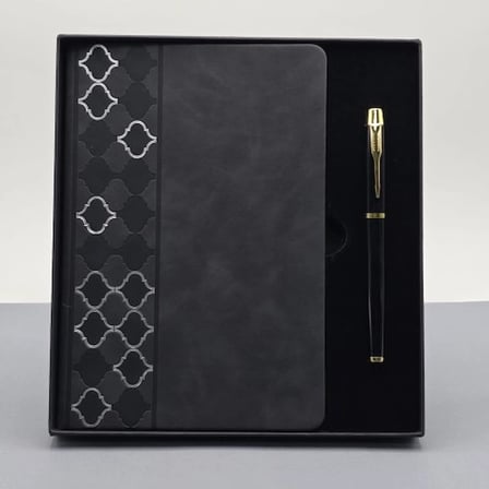 Desenli Siyah Deri Defter Kalem Set