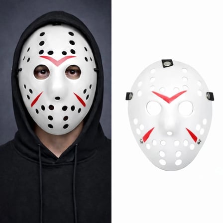 Beyaz Renk Kırmızı Çizgili Tam Yüz Hokey Jason Maskesi Hannibal Maskesi