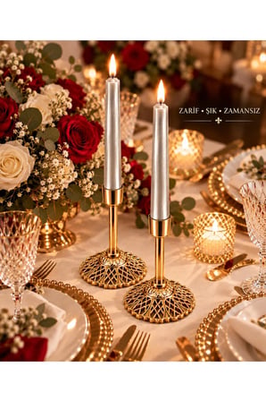 Gold Şamdan 2'li Set Şamdanlık Dekoratif Mumluk Düğün Nişan Söz Masa Dekoru Mum Ve Mumluk Dekoratif Şamdan Paslanmaz Kaplama Metal Modern ve Klasik Mum Tutacağı