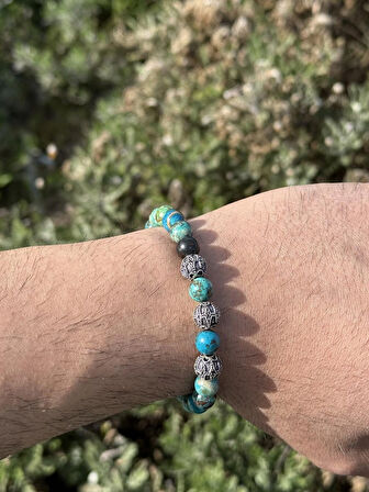 Krizokol, Gümüş Bileklik - Azulla Mix Green Bileklik - Tasarım Bileklik 8mm Esnek Ayarlanabilir