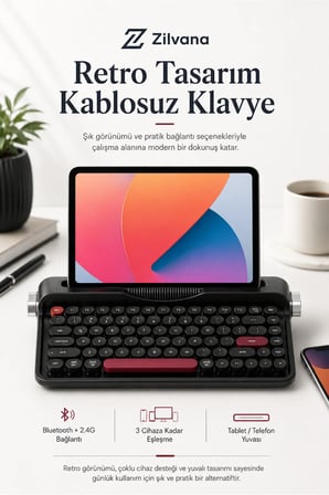 Ravelia Retro Kablosuz Klavye Bluetooth + 2.4G Çoklu Cihaz Yuvalı Siyah