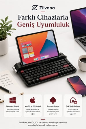 Ravelia Retro Kablosuz Klavye Bluetooth + 2.4G Çoklu Cihaz Yuvalı Siyah