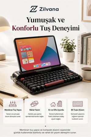 Ravelia Retro Kablosuz Klavye Bluetooth + 2.4G Çoklu Cihaz Yuvalı Siyah