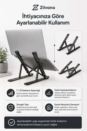 Novexa Katlanır Laptop Standı Metal Notebook Yükseltici Soğutma Tabanı 7-10 Kademe