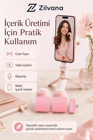 PuffMic Pembe Tüylü Kablosuz 2'li Yaka Mikrofonu Type-C Lighting Uyumlu Canlı Yayın Mikrofonu