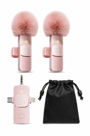 Pinkero Pembe Kablosuz 2'li Yaka Mikrofonu Gürültü Azaltmalı Canlı Yayın Mikrofonu (Kılıf Hediyeli)