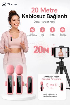 Mivessa Kablosuz Pembe Yaka Mikrofonu 2'li Lightning Uyumlu Telefon Canlı Yayın Röportaj Kayıt