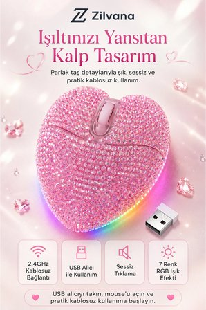 Sevimli Parıltılı Kristal Taşlı Pembe Kalp Şeklinde Bilgisayar Faresi, LED Işıklı,2.4GHz ,Şarj Edilebilir USB Kablosuz Fare