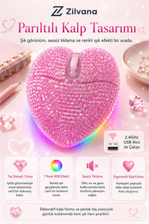 Sevimli Parıltılı Kristal Taşlı Pembe Kalp Şeklinde Bilgisayar Faresi, LED Işıklı,2.4GHz ,Şarj Edilebilir USB Kablosuz Fare