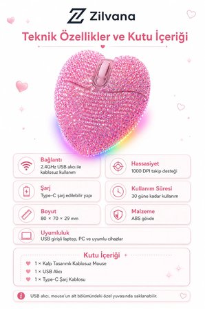 Sevimli Parıltılı Kristal Taşlı Pembe Kalp Şeklinde Bilgisayar Faresi, LED Işıklı,2.4GHz ,Şarj Edilebilir USB Kablosuz Fare