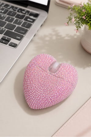 Sevimli Parıltılı Kristal Taşlı Pembe Kalp Şeklinde Bilgisayar Faresi, LED Işıklı,2.4GHz ,Şarj Edilebilir USB Kablosuz Fare