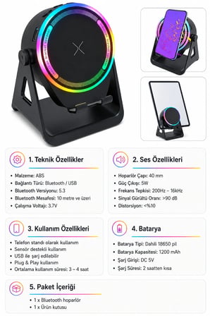 Sensörlü Kablosuz Şarj Özellikli Bluetooth Hoparlör Standlı USB Şarjlı Hoparlör Su Geçirmez