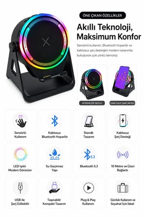Sensörlü Kablosuz Şarj Özellikli Bluetooth Hoparlör Standlı USB Şarjlı Hoparlör Su Geçirmez