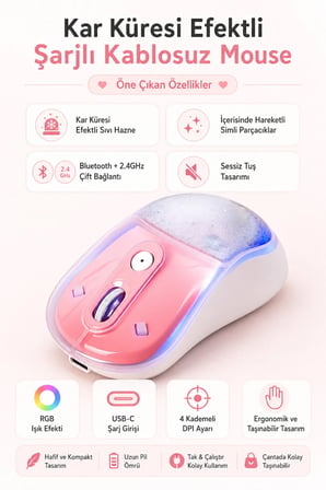 RGB Işıklı Simli Akışkan Tasarım Efektli Şarjlı Pembe Kablosuz Mouse