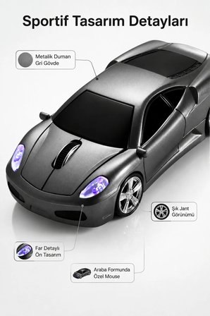 Spor Araba Tasarımlı Gri Kablosuz Mouse USB Dongle Alıcılı