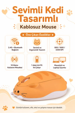 Sevimli Kedi Tasarımlı Kablosuz Bluetooth Turuncu Mouse