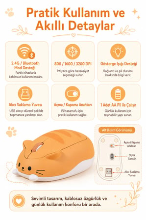 Sevimli Kedi Tasarımlı Kablosuz Bluetooth Turuncu Mouse