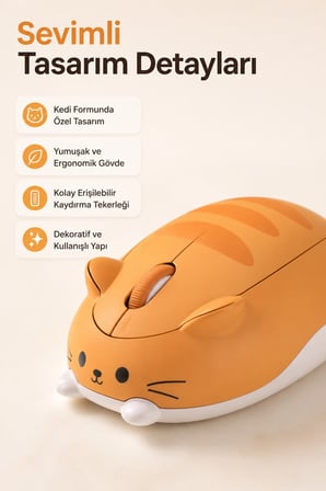 Sevimli Kedi Tasarımlı Kablosuz Bluetooth Turuncu Mouse