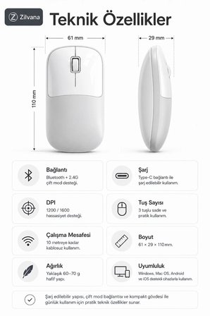 Şarjlı Kablosuz Gri Mouse Bluetooth + 2.4G Çift Modlu Type-C Şarjlı Sessiz Tuşlu Ergonomik Optik 1200/1600 DPI Taşınabilir Mouse