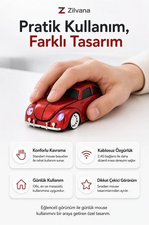 Klasik Kırmızı Beetle Vosvos Tasarımlı 2.4G Kablosuz Mouse USB Alıcılı Kırmızı Araba Şeklinde Optik Mouse