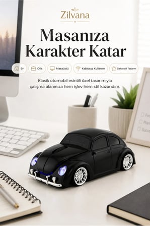 Klasik Siyah Beetle Vosvos Tasarımlı 2.4G Kablosuz Mouse USB Alıcılı Kırmızı Araba Şeklinde Optik Mouse