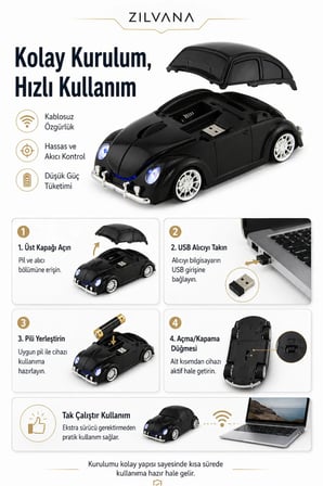 Klasik Siyah Beetle Vosvos Tasarımlı 2.4G Kablosuz Mouse USB Alıcılı Kırmızı Araba Şeklinde Optik Mouse