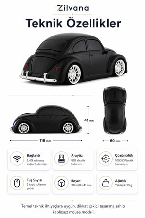Klasik Siyah Beetle Vosvos Tasarımlı 2.4G Kablosuz Mouse USB Alıcılı Kırmızı Araba Şeklinde Optik Mouse