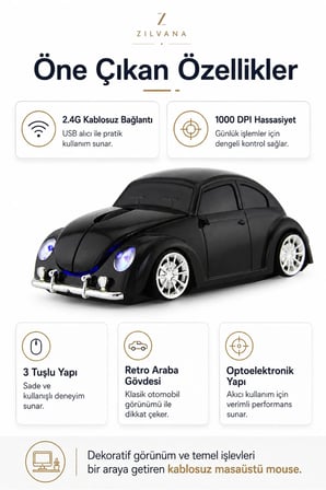 Klasik Siyah Beetle Vosvos Tasarımlı 2.4G Kablosuz Mouse USB Alıcılı Kırmızı Araba Şeklinde Optik Mouse