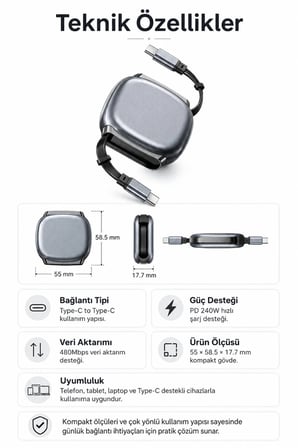 240W Type-C to Type-C Gri Teleskopik Şarj ve Veri Kablosu, Geri Sarılabilir Mini Tasarım, Kademeli Uzunluk Ayarı,Taşınabilir Hızlı Şarj Kablosu
