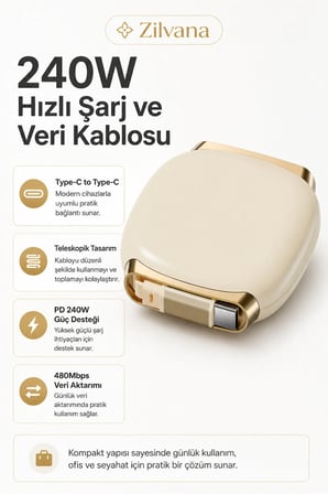 240W Type-C to Type-C Krem Teleskopik Şarj ve Veri Kablosu, Geri Sarılabilir Mini Tasarım, Kademeli Uzunluk Ayarı,Taşınabilir Hızlı Şarj Kablosu