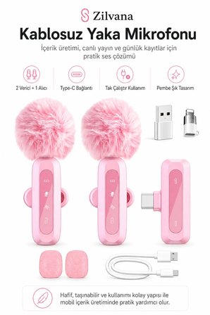 Pembe Kablosuz Yaka Mikrofonu 2.4G Type-C / Lightning Uyumlu Gürültü Azaltmalı Mini Vlog Canlı Yayın Röportaj Mikrofonu