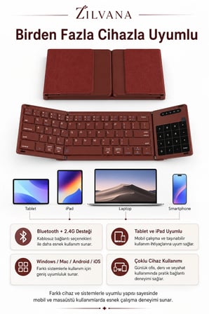 Kumaş Dokulu Arka Kapaklı Üçe Katlanır Bordo Kablosuz Klavye Bluetooth + 2.4G Touchpad ve Sayısal Tuşlu Taşınabilir Klavye