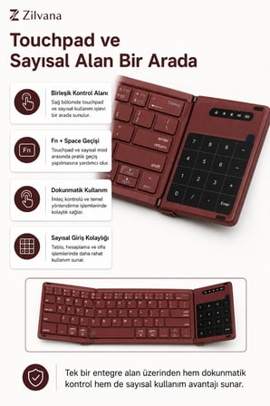 Kumaş Dokulu Arka Kapaklı Üçe Katlanır Bordo Kablosuz Klavye Bluetooth + 2.4G Touchpad ve Sayısal Tuşlu Taşınabilir Klavye