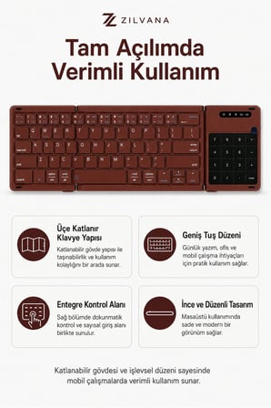 Kumaş Dokulu Arka Kapaklı Üçe Katlanır Bordo Kablosuz Klavye Bluetooth + 2.4G Touchpad ve Sayısal Tuşlu Taşınabilir Klavye