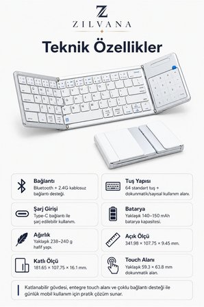 Kumaş Dokulu Arka Kapaklı Üçe Katlanır Gümüş Gri Kablosuz Klavye Bluetooth + 2.4G Touchpad ve Sayısal Tuşlu Taşınabilir Klavye