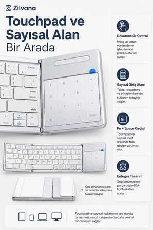 Kumaş Dokulu Arka Kapaklı Üçe Katlanır Gümüş Gri Kablosuz Klavye Bluetooth + 2.4G Touchpad ve Sayısal Tuşlu Taşınabilir Klavye