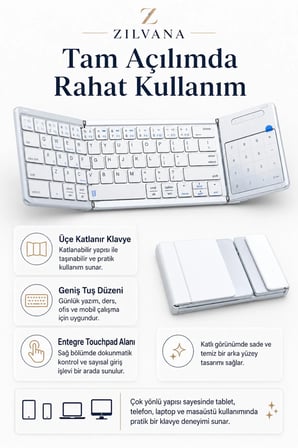 Kumaş Dokulu Arka Kapaklı Üçe Katlanır Gümüş Gri Kablosuz Klavye Bluetooth + 2.4G Touchpad ve Sayısal Tuşlu Taşınabilir Klavye