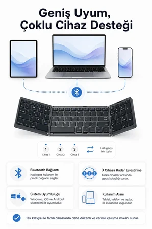 Siyah Katlanabilir Bluetooth Klavye 81 Tuşlu Sayısal Tuş Takımlı Şarjlı Kablosuz Klavye Tablet Telefon ve Laptop Uyumlu
