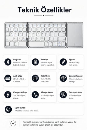 Gümüş Katlanır Bluetooth Klavye Touchpadli, Şarjlı, Tablet Telefon Laptop Uyumlu Üçe Katlanır Kablosuz Klavye